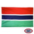 The Gambia flag is a red, blue, and green tricolor. The blue stripe has white outlines above and below. FMAA Certified Made in America seal.