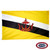 The yellow Brunei flag has 2 diagonal stripes of white & black. In the center is a red seal with a crescent under a parasol flanked by hands. FMAA Certified Made in America seal. The yellow Brunei flag has 2 diagonal stripes of white & black. In the center is a red seal with a crescent under a parasol flanked by hands. FMAA Certified Made in America seal.