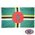 The Dominica flag is green with horizontal & vertical yellow, black & white stripes. In the center is a red circle with a purple parrot. FMAA Certified Made in America seal.