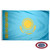 The Kazakhstan flag is light blue with a gold sun and an eagle in the center. On the left is a vertical gold ornamental pattern. FMAA Certified Made in America seal. The Kazakhstan flag is light blue with a gold sun and an eagle in the center. On the left is a vertical gold ornamental pattern. FMAA Certified Made in America seal.