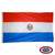 A Paraguay Flag made of nylon with lock stitching, polyester canvas heading, and brass grommets. Design is three horizontal stripes red, white, and blue and a national coat of arms emblem in the center. FMAA Certified Made in America seal.