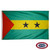 The Sao Tome & Principe flag is a horizontal green and yellow triband with two black stars in the center and a red triangle on the left. FMAA Certified Made in America seal.