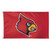 A red flag featuring the cardinal mascot of Louisville University in the center.