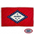 The red Arkansas flag has a white diamond with 25 stars on the blue border. “Arkansas” is written inside with 4 blue stars. FMAA Certified Made in America seal.
