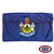 The dark blue Maine flag has a coat of arms in the center, with a pine tree and moose flanked by a farmer and sailor below the North Star. FMAA Certified Made in America seal. The dark blue Maine flag has a coat of arms in the center, with a pine tree and moose flanked by a farmer and sailor below the North Star. FMAA Certified Made in America seal.