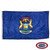The dark blue Michigan flag has a seal in the center, composed of an elk, moose, and bald eagle around a blue shield depicting a coastline. FMAA Certified Made in America seal. The dark blue Michigan flag has a seal in the center, composed of an elk, moose, and bald eagle around a blue shield depicting a coastline. FMAA Certified Made in America seal.