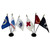 A variety of 6 military and civilian organization stick flags are displayed on black bases.