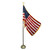 A US flag with gold fringe is displayed on an upright oak pole and floor stand. An eagle ornament is placed at the top of the pole.
