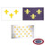 Nylon fleur-de-lis flag, available in three designs. The first design features a blue background with three golden yellow fleur-de-lis lily flowers at center. The second option features a white background with three golden yellow fleur-de-lis lily flowers at center. The third option features a white backdrop with 23 golden yellow fleur-de-lis flowers at center. Along the mounting side of the flag is a canvas header with brass grommets for attaching the flag to a flagpole with snaps or hooks. FMAA Certified Made in America seal.