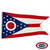 The Ohio flag has a blue triangle containing a white & red circle surrounded by stars. Next to the triangle are 5 stripes of red & white. FMAA Certified Made in America seal. The Ohio flag has a blue triangle containing a white & red circle surrounded by stars. Next to the triangle are 5 stripes of red & white. FMAA Certified Made in America seal.