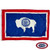 The Wyoming flag is blue with a red and white border. In the center is a white bison with the state seal in blue on its side. FMAA Certified Made in America seal. The Wyoming flag is blue with a red and white border. In the center is a white bison with the state seal in blue on its side. FMAA Certified Made in America seal.