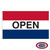 A horizontal red, white, and blue striped flag with the text "OPEN" in black in the center.