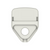 The front of a white plastic grommet clip with both pieces locked together and the grommet hole pointing downwards. The front of a white plastic grommet clip with both pieces locked together and the grommet hole pointing downwards.