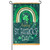 A green garden flag depicting a rainbow over a shamrock and the text "Happy St. Patrick's Day".