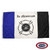 The Fireman Mourning Flag featuring a field of white with a strip of blue on the left and black on the right. In the middle is the words 'In Memoriam' with the firefighter symbol below. FMAA Certified Made in America seal.