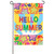 A garden flag with the text "HELLO SUMMER" on yellow and blue stripes, with colorful hibiscus flowers above and below.