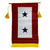 A 2 star in service banner with gold fringe on the bottom. This banner hangs vertically with a red field. The center has a large vertical white rectangle with 2 navy stars in the middle. 