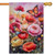 A house flag depicting a monarch butterfly over a field of pink and red flowers.