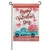 Garden flag depicting a vintage blue truck carrying pink hearts below red 'Happy Valentine's Day' text, with a red gingham border.