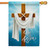 The blue He is Risen house flag has a wooden cross draped with a white cloth in the center, with the script "He is Risen" underneath.
