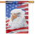 A Eagle and Flag Lustre House Flag depicting the head of a bald eagle against the American flag. A Eagle and Flag Lustre House Flag depicting the head of a bald eagle against the American flag.