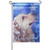 A garden flag that depicts a golden retriever looking up at a snowflake on a blue background. At the bottom is the text "Let it snow".