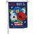 A dark blue house flag depicting a flowerpot with red, white, and blue flowers surrounded by the text "Red, White & Blessed".