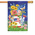 A house flag depicting a white and red watering can with an American flag picture on it filled with flowers on a dark blue background.