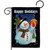 A garden flag featuring a snowman holding a wrapped gift. Behind him is a snowy background with a black border. "Happy Holidays" is written across the top in white. A garden flag featuring a snowman holding a wrapped gift. Behind him is a snowy background with a black border. "Happy Holidays" is written across the top in white.