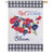 Border on top and bottom with black and white checkered design and an image of red, white & blue flowers shaped like the United States.