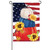 The American Pumpkin Stack Garden Flag depicts white, blue, and orange pumpkins stacked in a pile, surrounded by sunflowers and in front of the US flag.