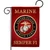 A red garden flag with the United States Marine Corps seal. "Marine" is written across the top and "Semper Fi" is written across the bottom. A red garden flag with the United States Marine Corps seal. "Marine" is written across the top and "Semper Fi" is written across the bottom.