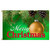 A flag with a golden Christmas ornament. The words "Merry Christmas" are on the bottom in white and red text. The background is green and near the top you can see Christmas tree branches and pinecones.