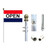 Parts of a 2-piece white 9’ x 1” tangle-free flagpole - including the gold ball ornament, the pole, 2 plastic rings, a metal clip, and the lawn socket. The full pole is shown with an “open” flag attached.
