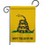 This garden flag has the Gadsden design: a snake coiled on grass with black text that reads "Don't Tread On Me."