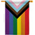 Flag with the Progress Pride design with rainbow stripes in addition to black, brown, light blue, pink, and white stripes.