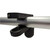 A black flagpole bracket clamped around a silver pole. At the ends of the clamp are wide holes for the insertion of a flagpole. A black flagpole bracket clamped around a silver pole. At the ends of the clamp are wide holes for the insertion of a flagpole.