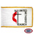 The Methodist flag shows a red flame and a black cross on a white background. The flag is lined with gold fringe around 3 borders.FMAA Certified Made in America seal.