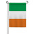 An Ireland garden flag on a flagpole. The Irish garden flag depicts 3 horizontal stripes of green, white, and orange.