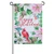 A Happy Holiday Poinsettias Garden Flag depicting the text "Happy Holidays" surrounded by poinsettias and a cardinal.