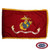 The indoor Marine Corps flag has a red background lined on 3 sides with gold fringe. In the center is an emblem with a globe, eagle, and anchor.
