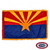 The indoor Arizona flag has a copper star over a field that is half red and yellow stripes, and half dark blue. Three edges have gold fringe. FMAA Certified Made in America seal.