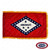 The indoor Arkansas flag has gold fringe around 3 borders of the red, blue, and white state flag. On the left is an attached pole sleeve. FMAA Certified Made in America seal.