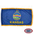 The indoor Kansas flag has 3 borders of gold fringe around the dark blue field. In the center is a seal portraying a farmer in a pasture. FMAA Certified Made in America seal.