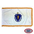 The indoor Massachusetts flag has 3 sides of gold fringe around the white field. In the center is a blue shield containing a yellow archer. FMAA Certified Made in America seal.