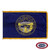 The indoor Nebraska flag has 3 sides of gold fringe around the dark blue field. In the center is the yellow state seal, depicting a blacksmith. FMAA Certified Made in America seal.