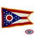 The indoor Ohio flag has gold fringe around the burgee shape & a pole sleeve on the hoist. There is a blue triangle and 5 red & white stripes. FMAA Certified Made in America seal.