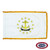 The indoor Rhode Island flag has 3 borders of gold fringe around the white field. In the center is an anchor surrounded by stars. FMAA Certified Made in America seal.