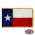 The indoor Texas flag has 3 sides of gold fringe around the blue, white & red fields. In the blue field on the right, there is a white star. FMAA Certified Made in America seal.