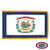 The indoor West Virginia flag has gold fringe around 3 sides of the blue-bordered white field. In the center is a seal with a farmer & miner. FMAA Certified Made in America seal.